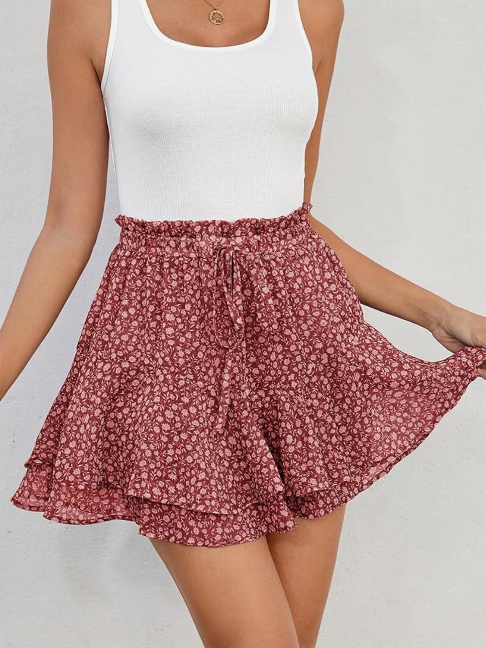 Red Floral Tiered Mini Skort